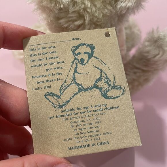 Boyds Bears Bearwear Cream Coloured Cat in Pink Velvet Jumpsuit & Rose in Ear 6” - Picture 10 of 11